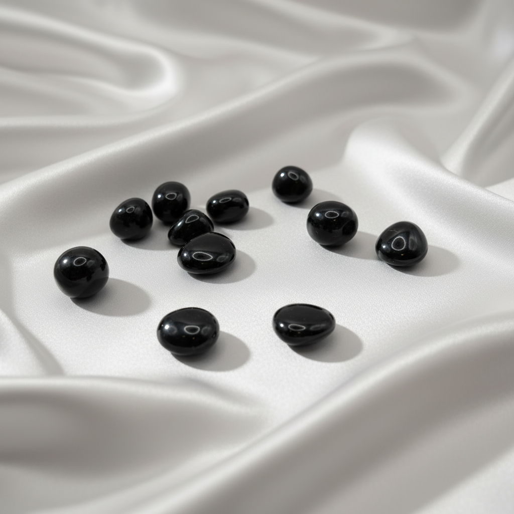 Black Obsidian pärlor på vit silkesbakgrund