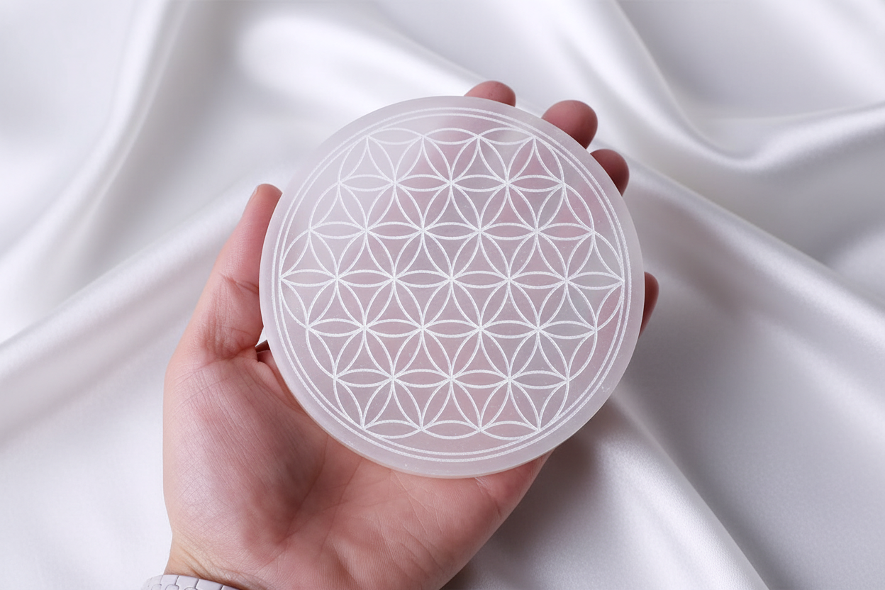 Selenitskiva med livets blomma på vit silkesbakgrund