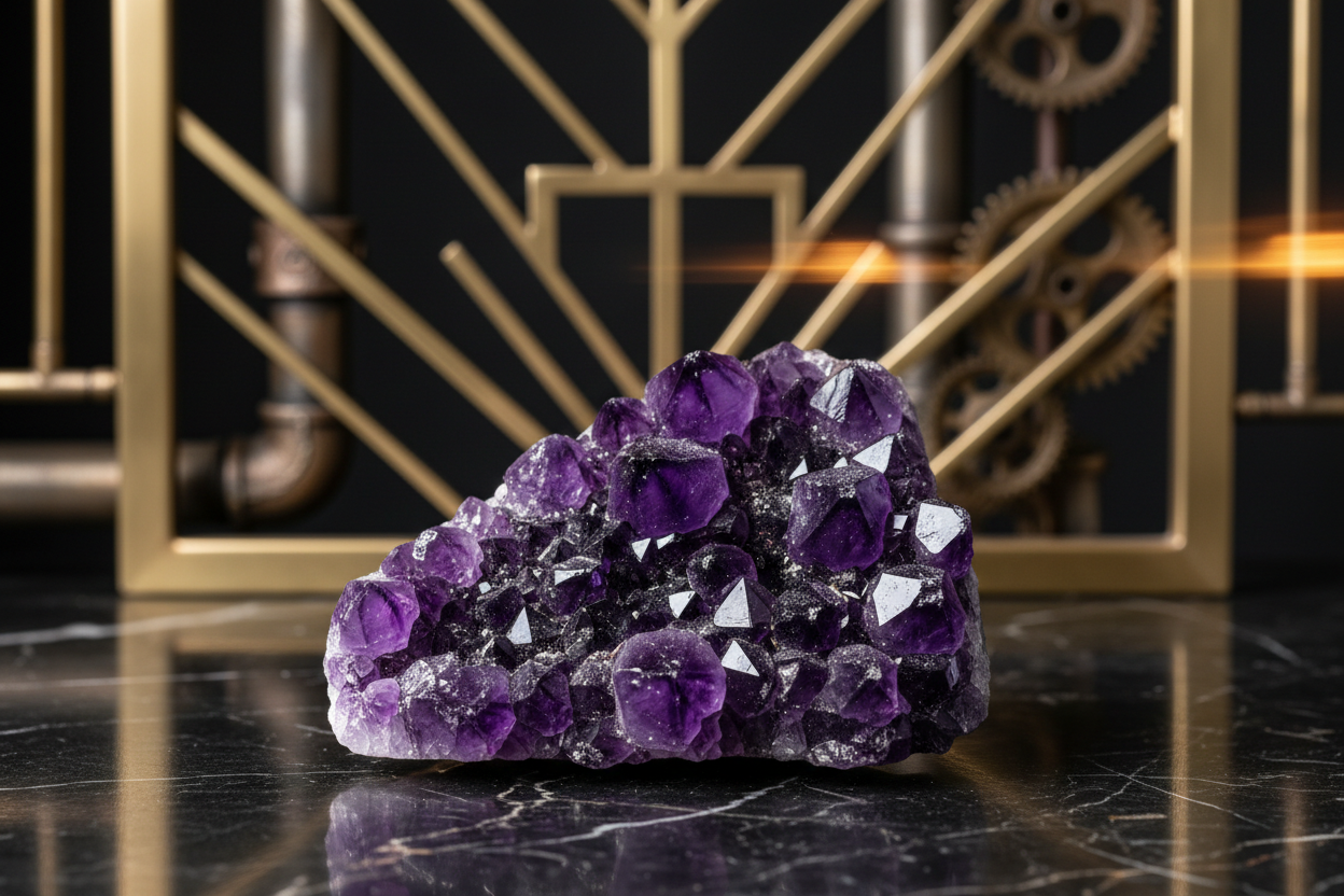 Ametist kristallkluster i art deco och industriell miljö