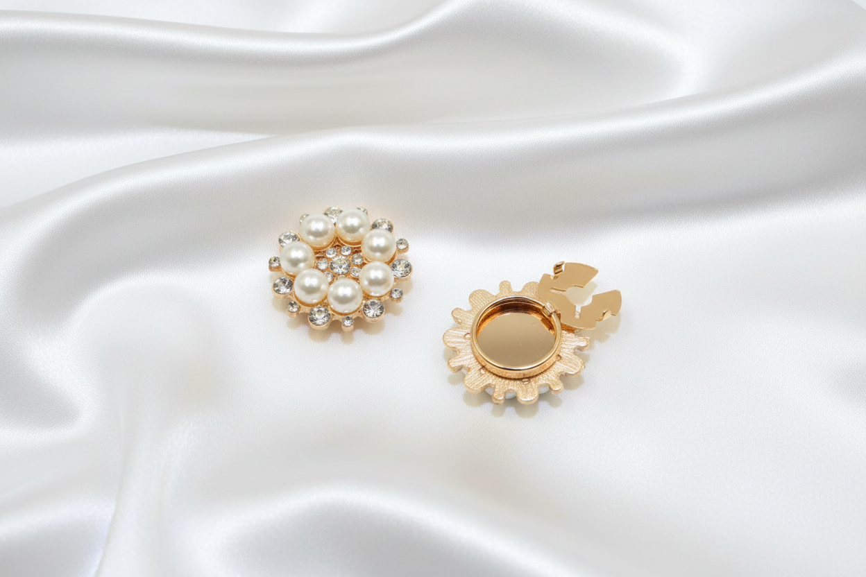 Pärl- och kristallbroscher på vit silkesbakgrund
